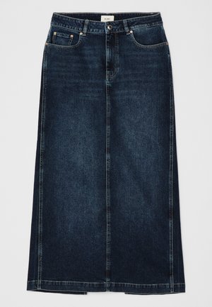 Jupe en denim bleu foncé avec une coupe droite, longueur genoux. Équipée de poches avant, d'une fermeture éclair et de détails de couture subtils le long des coutures.