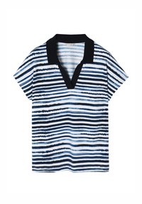 Haut à manches courtes avec col en V noir, présentant des rayures horizontales bleues et blanches de largeurs variées et une texture de tissu lisse.