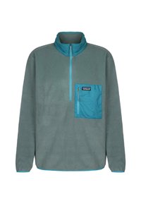 Pullover grigio in pile con colletto teal, mezze zip frontale e tasca sul petto teal con zip, che presenta un'etichetta del logo del marchio.