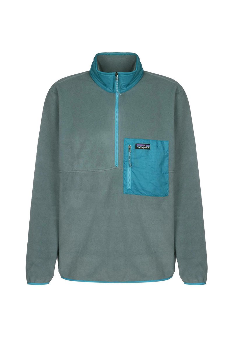 Pullover grigio in pile con colletto teal, mezze zip frontale e tasca sul petto teal con zip, che presenta un'etichetta del logo del marchio.