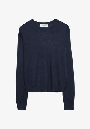 Granatowy sweter z dzianiny z okrągłym dekoltem i długimi rękawami, z lekko skróconym dołem i ściągaczami dla dodatkowej tekstury.