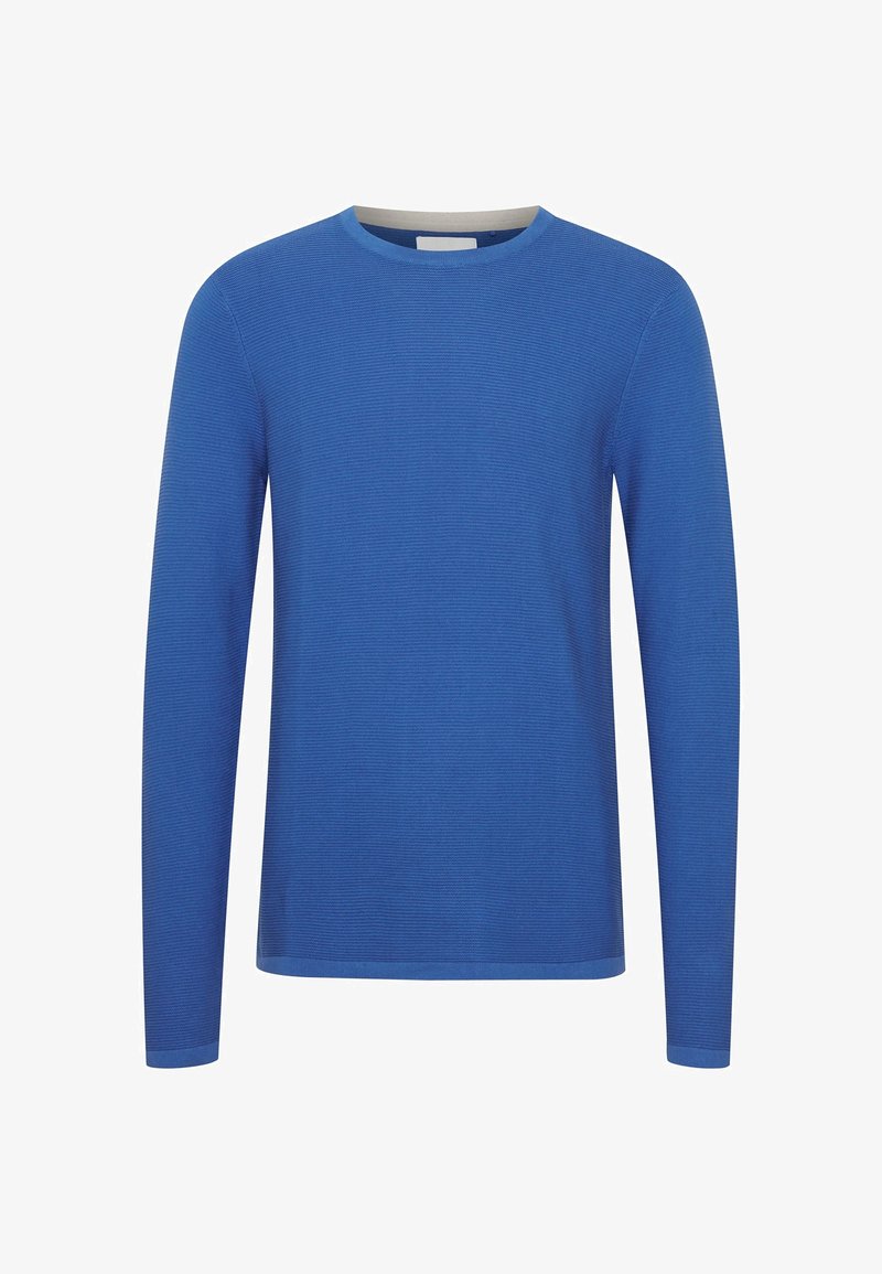 Pull en maille bleu à manches longues avec un col rond et un bord contrastant gris. Présente un motif texturé sur l'ensemble.