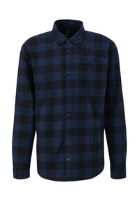 Langarm flanellen overhemd in een donkerblauw en zwart ruitpatroon. Beschikt over een klassieke kraag, knopen aan de voorkant en een borstzak.