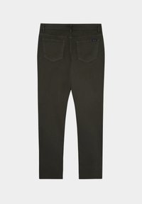 Pantalones oscuros ajustados de color verde con cuatro bolsillos, tejido ligeramente texturizado y detalle de costura en contraste a lo largo de la cintura y los bolsillos.
