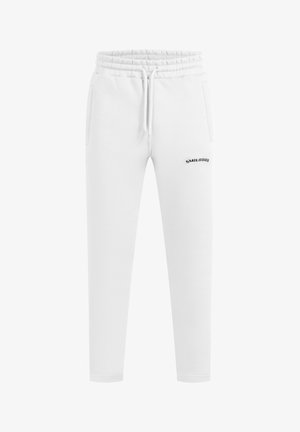 Hvide sweatpants med elastisk talje og snoretræk, der har sidelommer og et sort "SMILODON" logo på venstre ben.