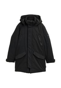 Schwarze Parkajacke mit Kapuze, ausgestattet mit Reißverschlusstaschen, Druckknopfverschlüssen und einem isolierten Innenfutter für Wärme. Strukturierter Stoff mit horizontalen Linien.
