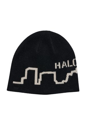 Schwarze Strickmütze mit weißem geometrischen Stadt-Skyline-Design und teilweisem Text "HALO" auf der rechten Seite.