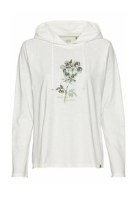 Hvid langærmet hættebluse med snor, der har et blomstergraphic i afdæmpede blå og grønne toner med teksten "Empowered by Nature."