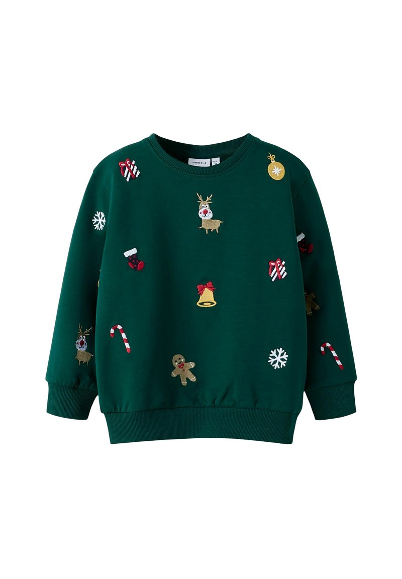 Zielona dziecięca bluza z haftowanymi motywami bożonarodzeniowymi, w tym reniferami, laskami cukrowymi, piernikami, dzwonkami, skarpetkami i płatkami śniegu.