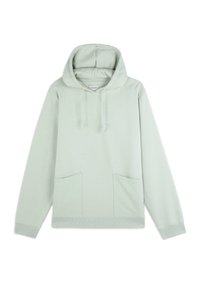 Lichtgroene hoodie van zachte stof, met een voorste kangoeroezak, een capuchon met trekkoord en ribgebreide manchetten en onderrand.
