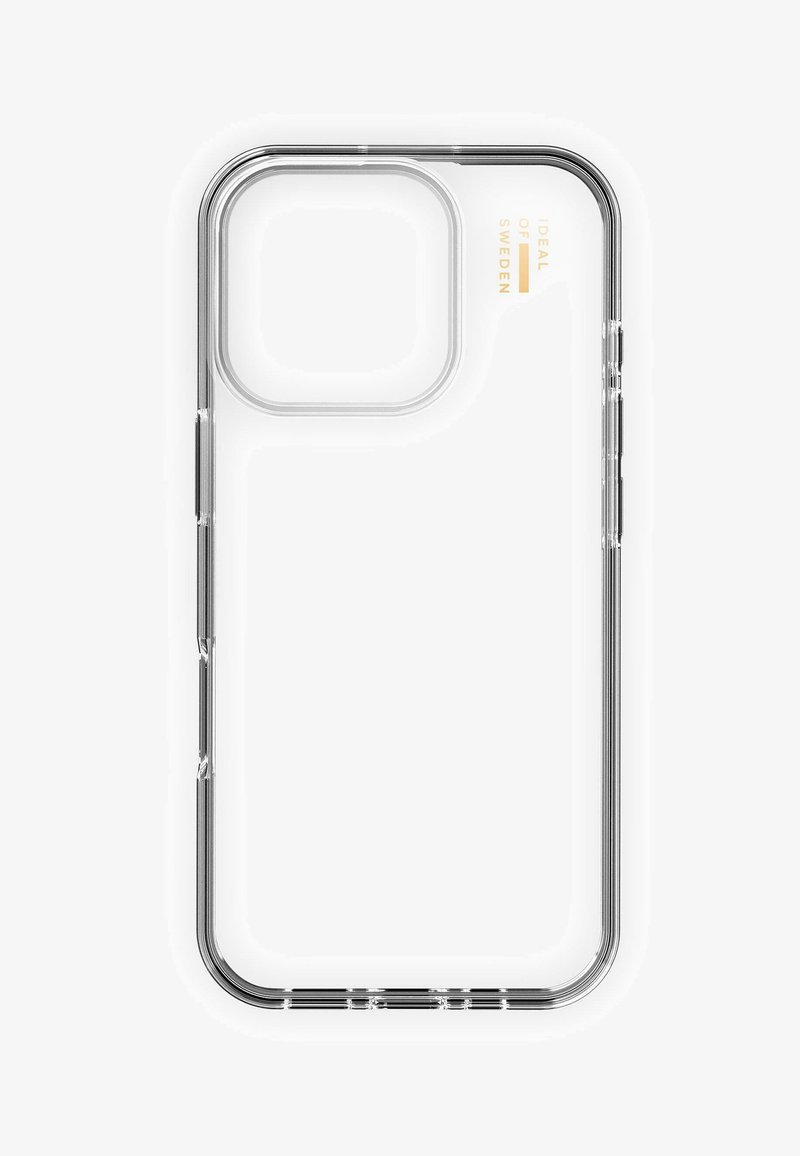 Clear phone case with rounded corners and a matte finish. Features cut-outs for camera and logo placement. Minimalistic design, lightweight.