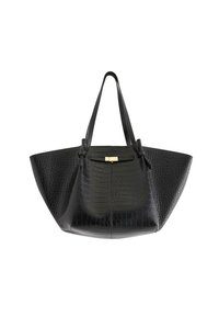 Borsa tote in finta pelle nera con texture a coccodrillo, base ampia, lati allungati, doppie maniglie e dettaglio di chiusura in tono oro.