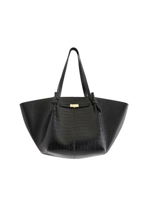 Black faux leather tote bag with a crocodile texture, wide base, elongated sides, dual handles, and a gold-tone clasp detail.