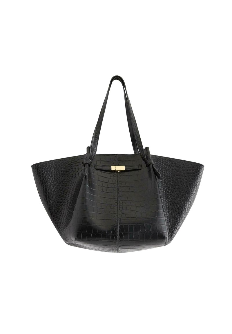 Borsa tote in finta pelle nera con texture a coccodrillo, base ampia, lati allungati, doppie maniglie e dettaglio di chiusura in tono oro.