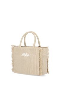 Borsa tote in velluto a coste beige con bordi sfilacciati, dotata di due manici corti e un logo ricamato bianco sul davanti. Tessuto strutturato.