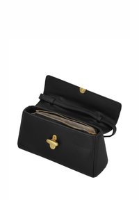 Schwarze Ledertasche mit strukturierter Oberfläche, goldfarbenen Beschlägen, Reißverschlussfächern und magnetischem Verschluss, in rechteckiger Form.