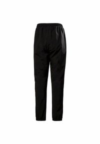 Pantalones de chándal negros, ligeros y de nailon con cintura y puños elásticos, que presentan una textura suave y un diseño de pierna recta.