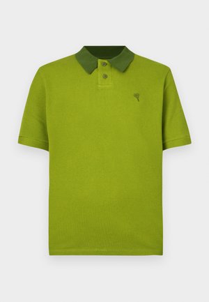 Green textured polo shirt with a contrasting darker green collar, two button placket, and a small logo on the chest.