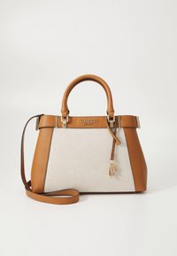 Brown and cream handbag with a structured design. Features leather accents, a secure top handle, detachable strap, and branded hardware.