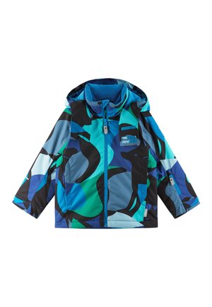 Bunte Jacke mit einem großen Camouflage-Muster in Blau-, Grün- und Schwarztönen. Sie hat einen Reißverschluss vorne und eine Kapuze. Strukturiert Stoff.