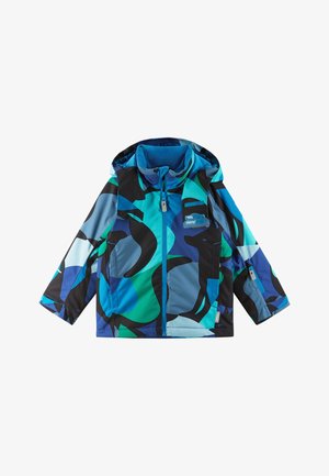 Bunte Jacke mit einem großen Camouflage-Muster in Blau-, Grün- und Schwarztönen. Sie hat einen Reißverschluss vorne und eine Kapuze. Strukturiert Stoff.