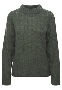 Grüner gestrickter Pullover mit hohem Rippenkragen, kompliziertem Zopfmuster und lässiger Passform. Hergestellt aus weichem Garn.