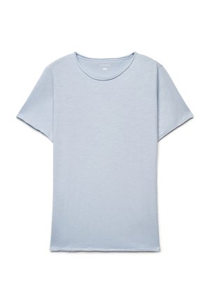 T-shirt a maniche corte azzurro chiaro realizzata in tessuto morbido, con scollo rotondo e vestibilità rilassata, orli puliti e senza fantasie.