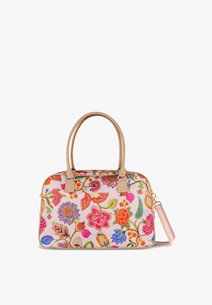 Multikleurige handtas met bloemenborduursel, gemaakt van lichtroze stof, met beige leren accenten, twee handvatten en een afneembare schouderriem.