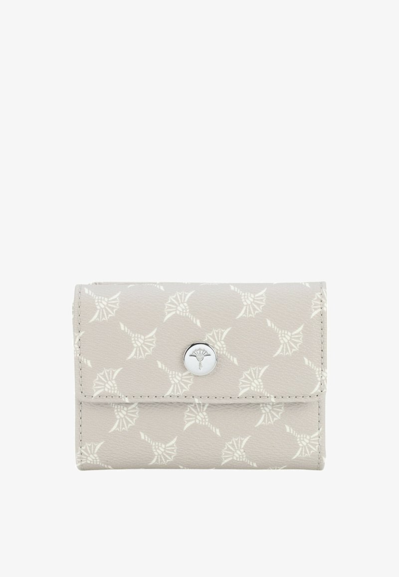 Šedá kožená peněženka s embosovaným květinovým vzorem, stříbrným zapínáním a kontrastním prošitím. Kompaktní design pro snadnou přenosnost.