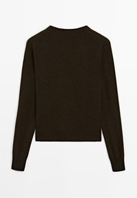 Brązowy sweter z długimi rękawami, okrągłym dekoltem i prążkowanym wykończeniem u dołu. Miękka tekstura, jednolity kolor bez widocznych wzorów czy zdobień.