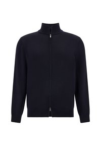 Jūrinis zip-up megztinis su aukštu apykakle, ilgomis rankovėmis, su raukšlėmis ant kraštų; pagamintas iš lygios, minkštos medžiagos, su subtiliu užtrauktuku.