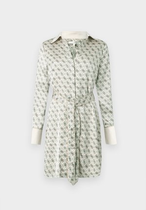 Obleka z dolgimi rokavi iz lahko tkanine, z zelenim geometričnim vzorcem, z zapenjanjem na gumbe spredaj in pasom z kontrastnimi rokavi.