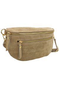 Sac bandoulière en suede tan avec des zippers dorés, deux compartiments zippés, et une sangle détachable. Présente une forme arrondie et une texture douce.