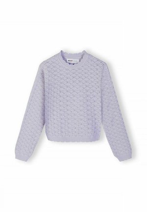 Pull en tricot lilas à manches longues avec un motif en dentelle géométrique, poignets, encolure et ourlet côtelés.