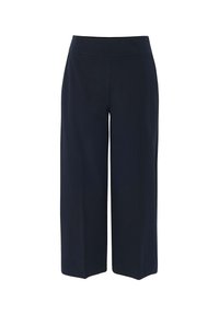 Pantalon large bleu marine en tissu lisse, avec taille élastique et lignes nettes et structurées. Convient pour une tenue décontractée ou formelle.