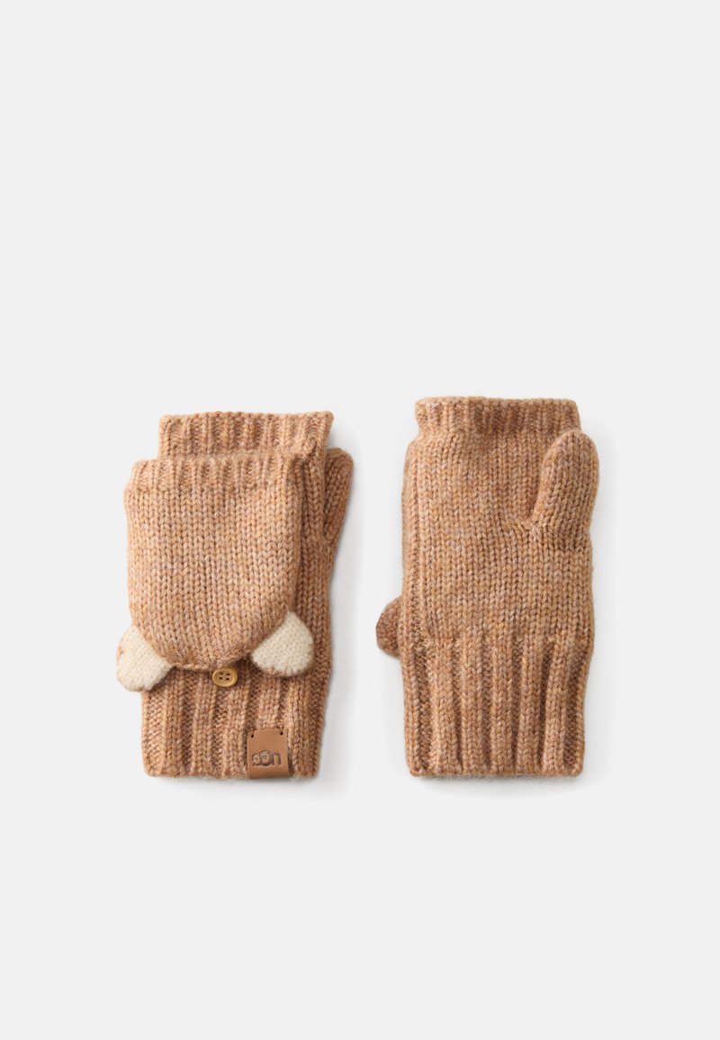 Luvas sem dedos de malha numa cor castanha clara, com punhos em canelado. Apresenta uma aba com detalhes em creme e um pequeno botão para fecho.