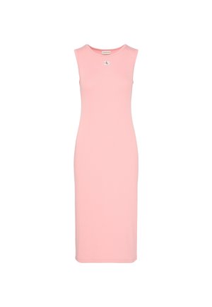 Ärmelloses, figurbetontes Midikleid in Pastellrosa mit rundem Ausschnitt und kleinem Calvin Klein Logo-Patch auf der Brust.