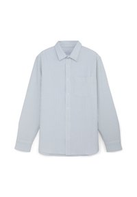 Chemise à manches longues pour homme avec des rayures verticales bleu clair et blanches et une poche poitrine unique.