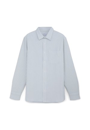Camicia button-up a maniche lunghe da uomo con strisce verticali blu chiaro e bianche e una singola tasca sul petto.