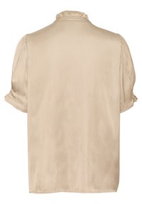 Blusa beige con una morbida texture satinata, caratterizzata da maniche a sbuffo corte e un colletto arriccato. Design semplice e liscio senza ulteriori dettagli.