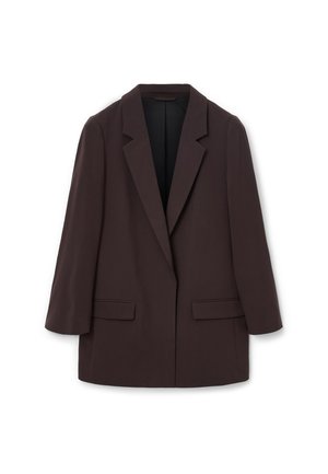 Brown oversized blazer with shawl lapels, two front pockets, and a smooth texture, featuring a single-button closure and relaxed silhouette.
