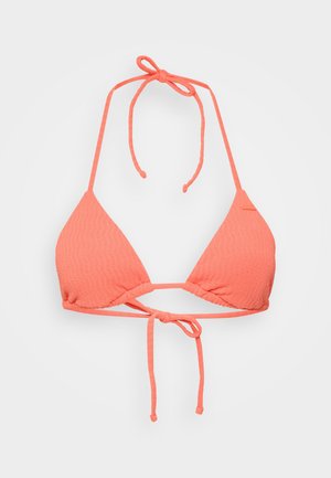 Coral pink bikini top with triangular cups, textured fabric, and adjustable tie closures at the neck and back.