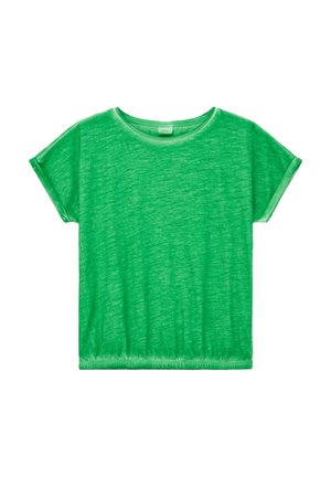 Groene T-shirt met korte mouwen van textuurstof, met een ronde halslijn en een licht geplooide zoom aan de onderkant.