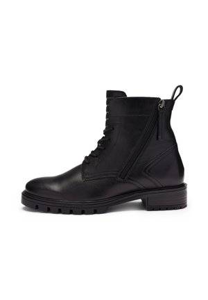Black leather ankle boot with a lace-up front and side zipper, featuring a textured upper, durable rubber sole, and a short block heel.