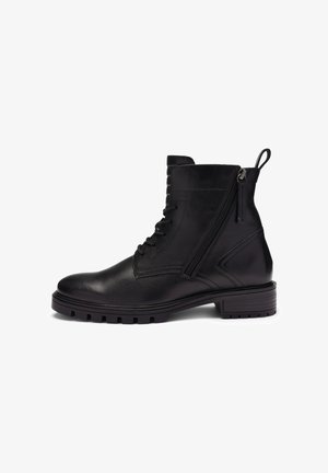 Black leather ankle boot with a lace-up front and side zipper, featuring a textured upper, durable rubber sole, and a short block heel.