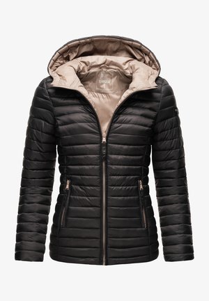 Black puffer jacket with a hood, featuring a smooth, shiny exterior, horizontal quilted texture, and beige lining. Includes zippered pockets.