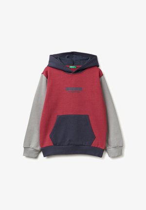 Sudadera con capucha que presenta un frente burdeos, mangas azul marino y acentos grises. Incluye un bolsillo central, dobladillo acanalado y detalle de logo.