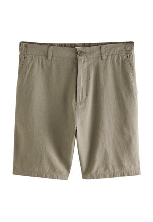 Khaki kratke hlače iz lahkega materiala, z elastičnim pasom, gumbnim zapiranjem in dvema stranskima žepoma. Gladka tekstura in ravno krojenje.