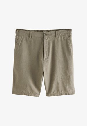 Bermuda khaki realizzati in tessuto leggero, con vita elasticizzata, chiusura con bottone e due tasche laterali. Texture liscia e taglio dritto.