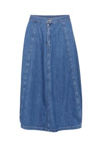 Közép kék denim A-vonalú szoknya, fitted derékkal, diszkrét cipzáras záródással és panelvarrással. Puha tapintás, sima felülettel.